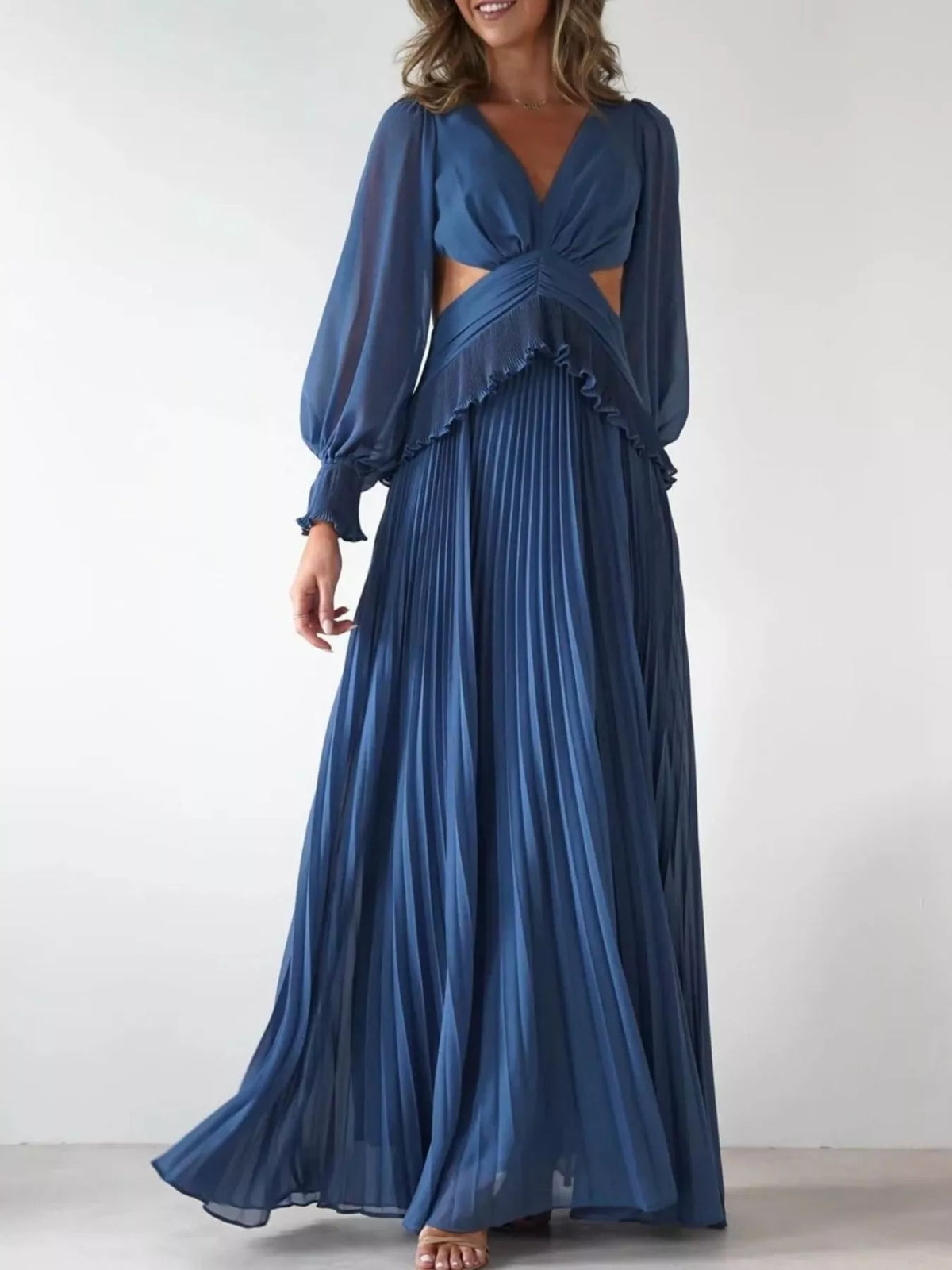 Backless Pleated Maxi Dress in Blue