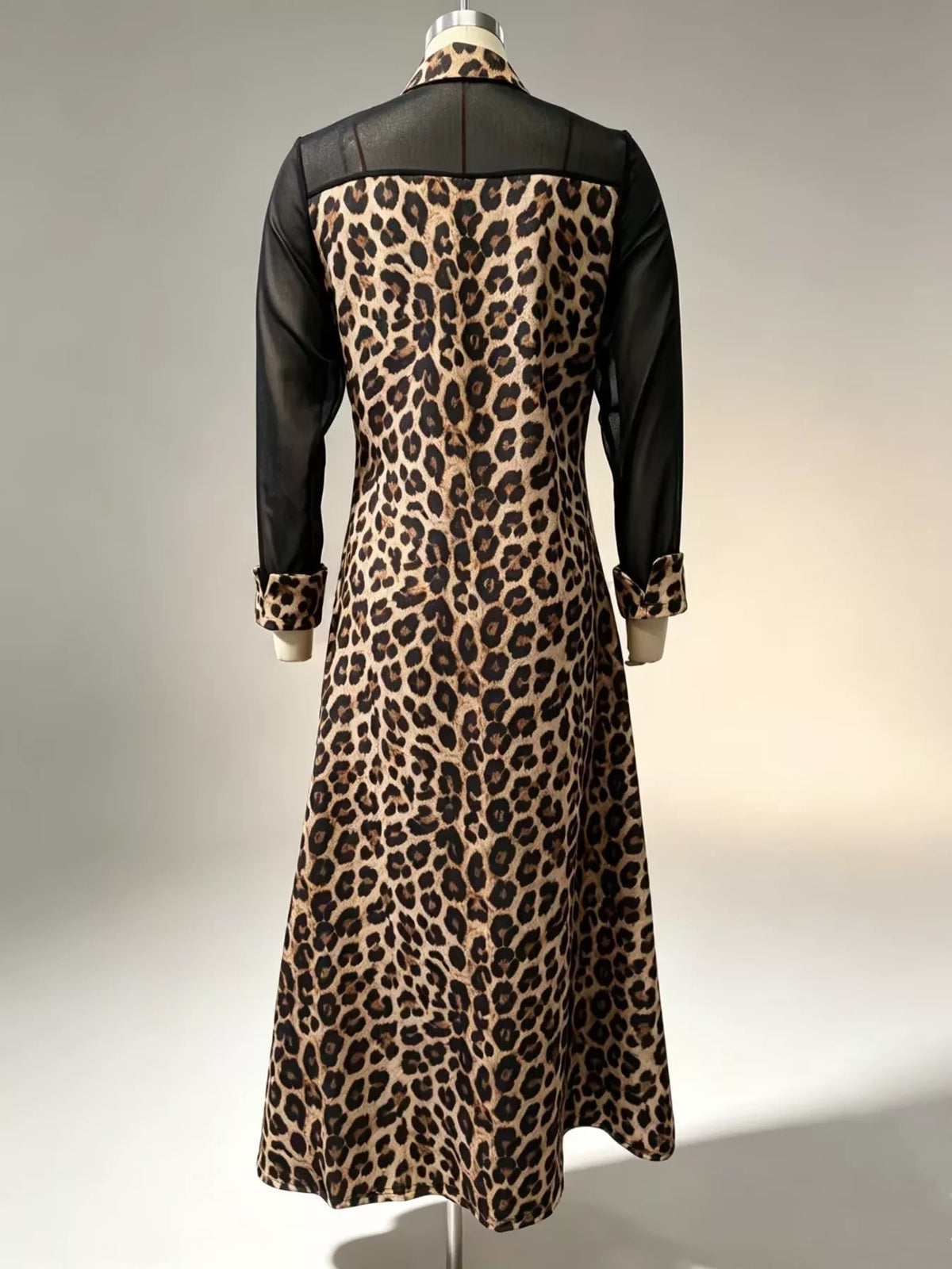 Leopard Print Button-Down Mesh Panel Maxi Dress by Kaelinne