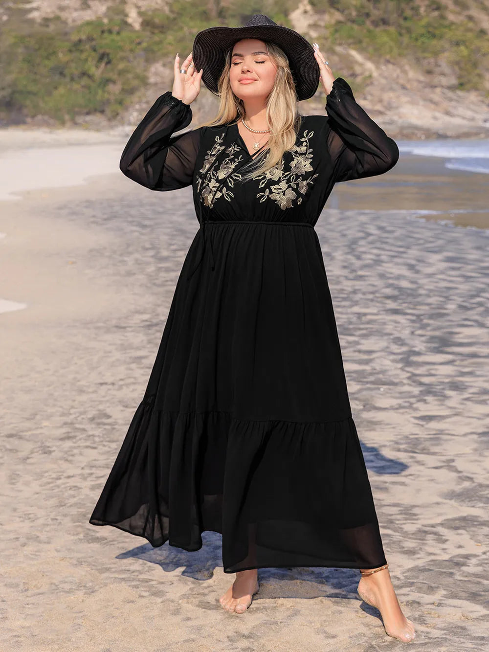 Embroidered Tie-Neck Long Sleeve Dress in Black