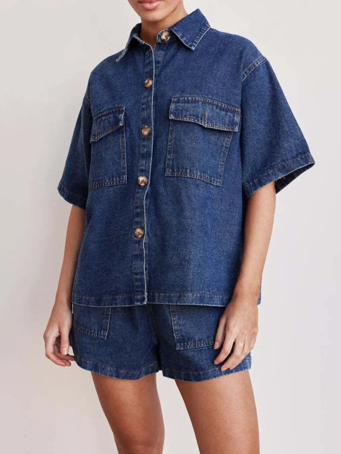 Button-Up Short Sleeve Denim Top and Shorts Set