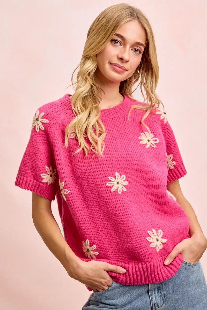 Fuchsia Lemon Flower Embroidered Knit Top in Fuchsia/Lemon by BiBi