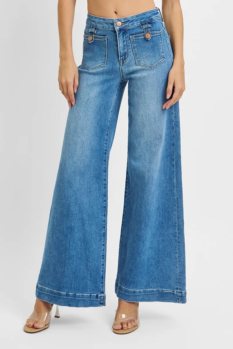 Risen Mid Rise Wide Leg Patch Pocket Jeans in Medium