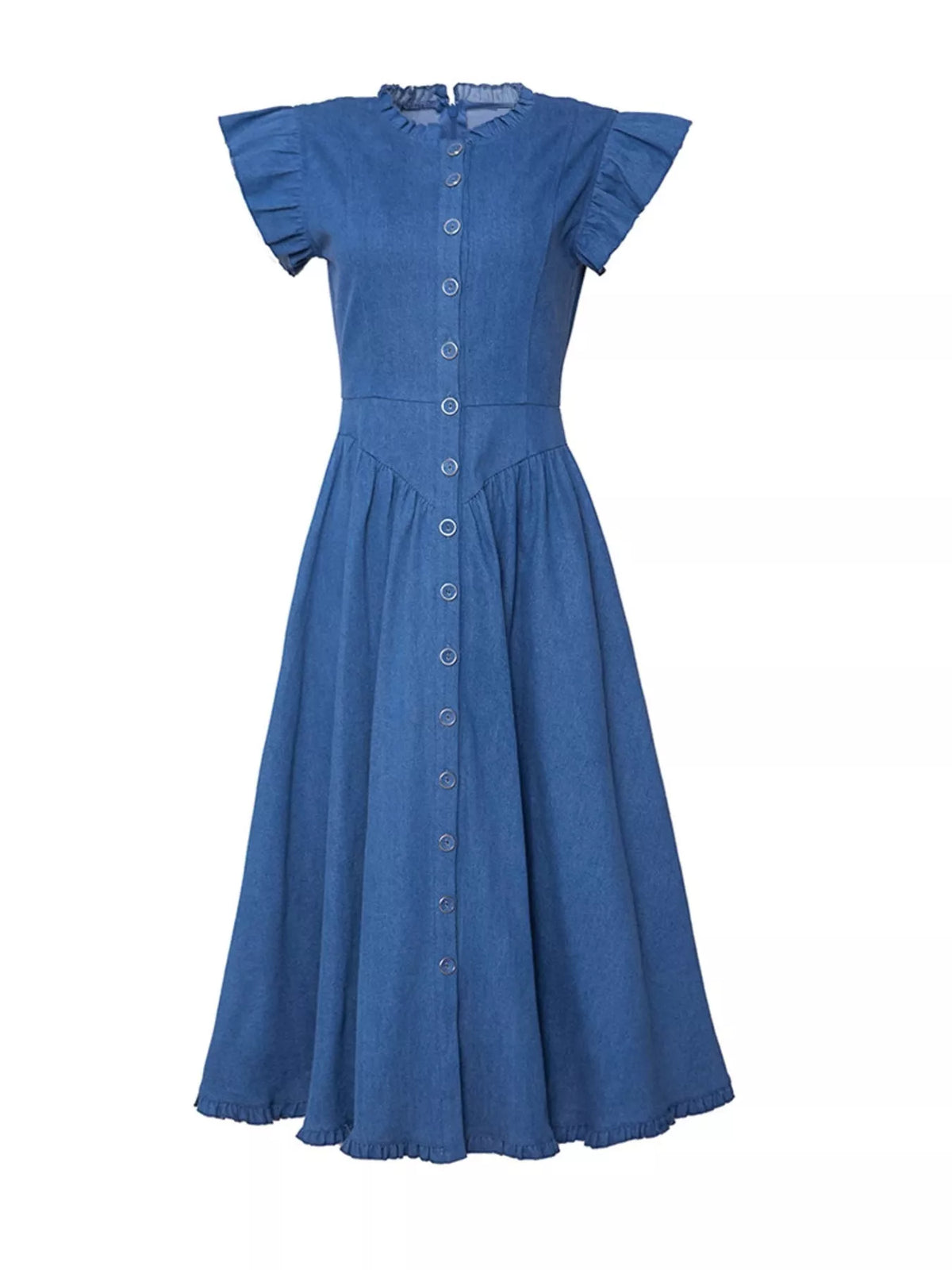 Ruffled Cap Sleeve Denim Dress in Navy Blue