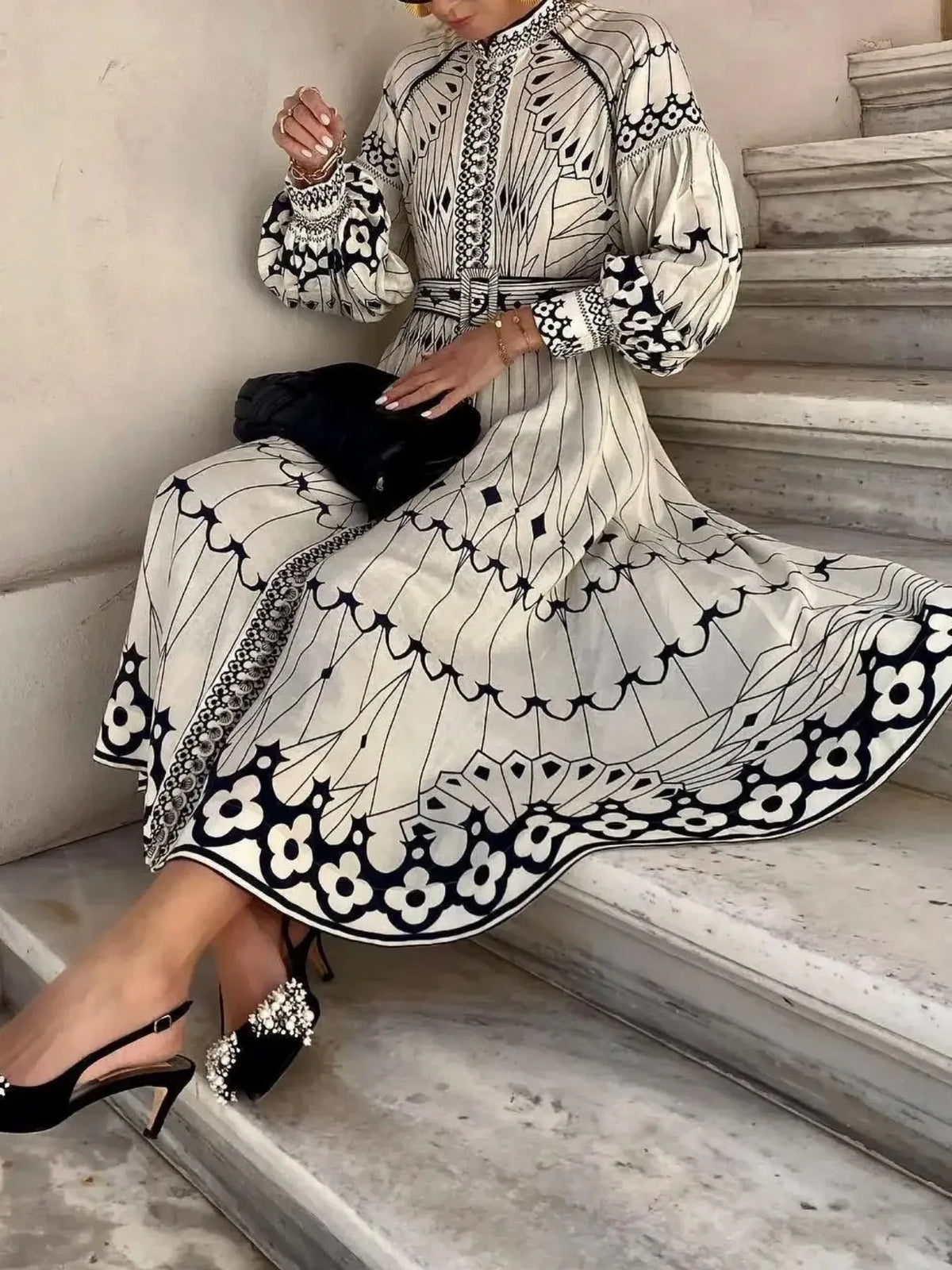 Printed Long Sleeve Shirt Dress in Beige