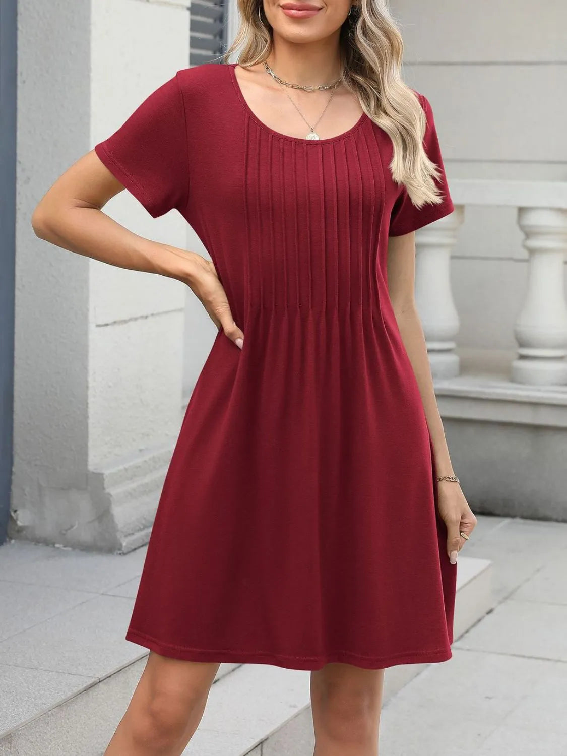 Pleated Round-Neck Swing Dress with Pockets