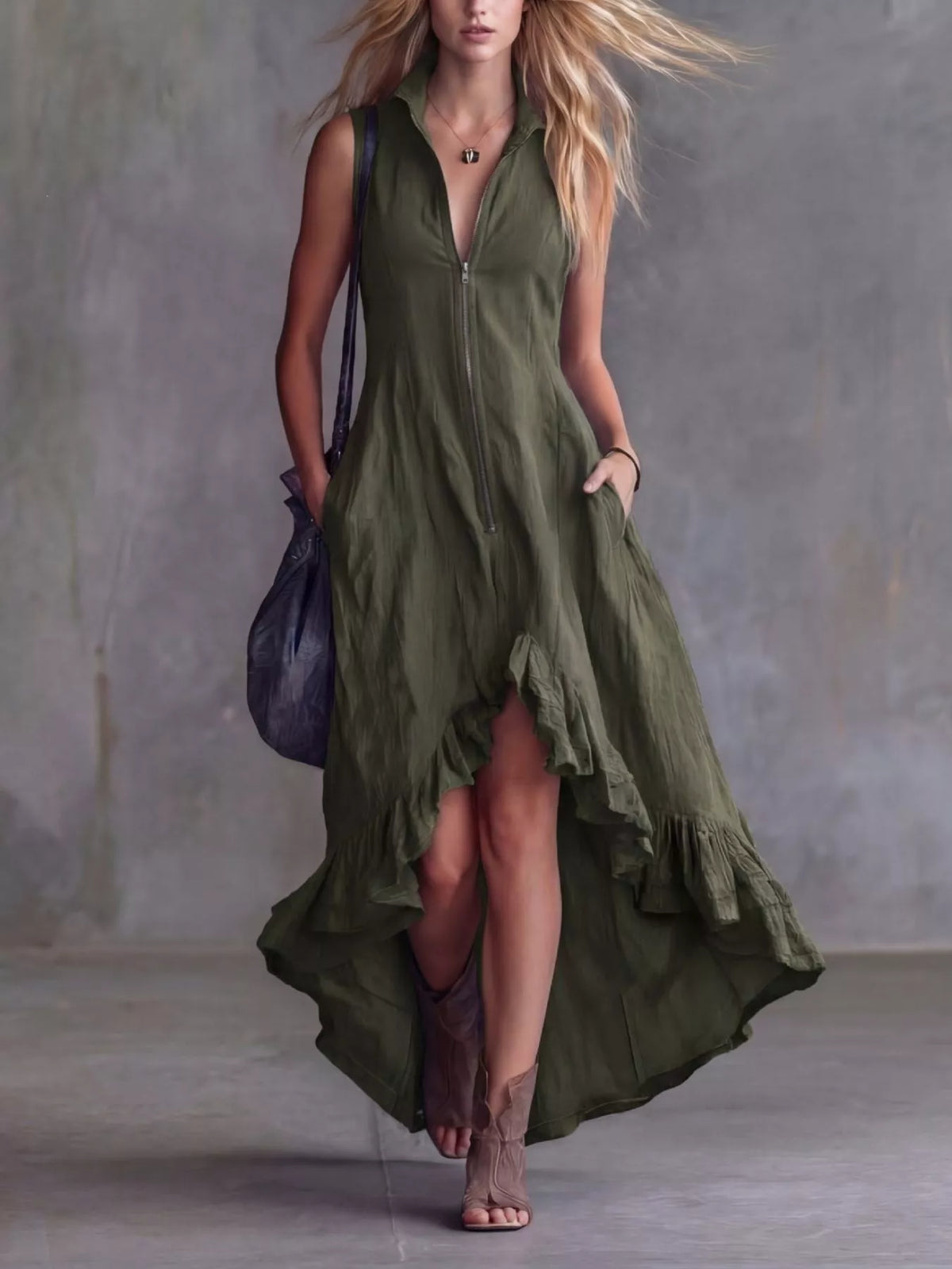 High-Low Ruffled Zip Front Dress