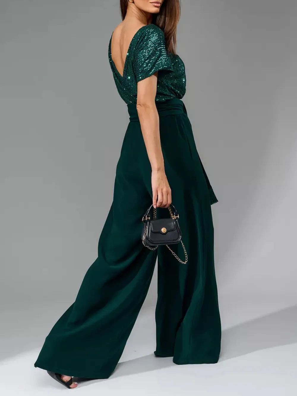 Sequin Round Neck Short Sleeve Jumpsuit, Plus Size