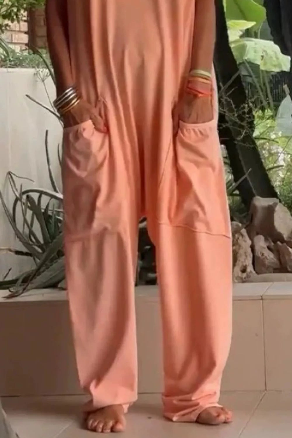 V-Neck Short Sleeve Jumpsuit with Pockets