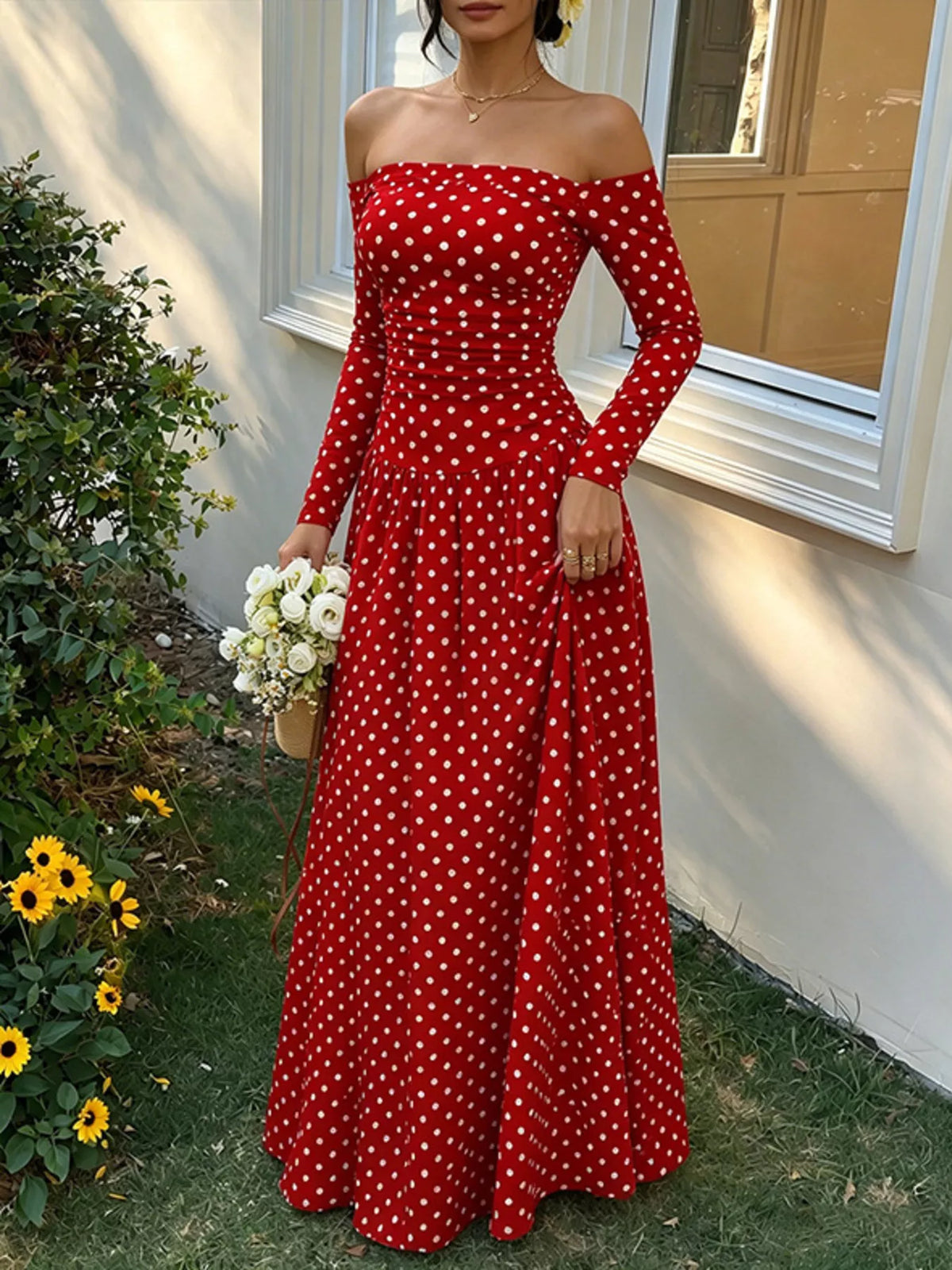 Off-the-Shoulder Ruched Maxi Dress
