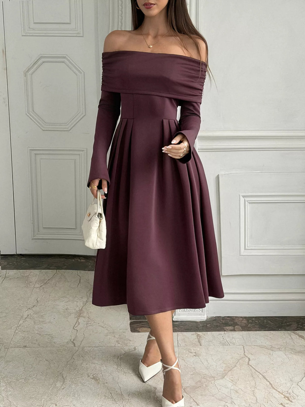 Off-Shoulder Long Sleeve Midi Dress in Coffee Brown