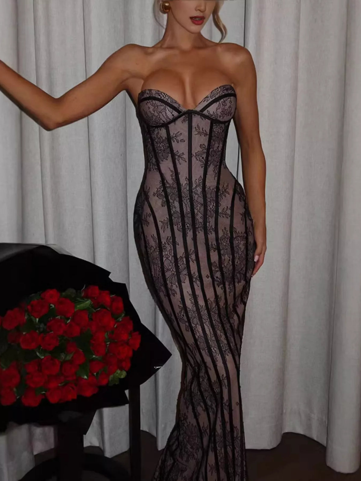 Lace-Up Back Strapless Maxi Dress