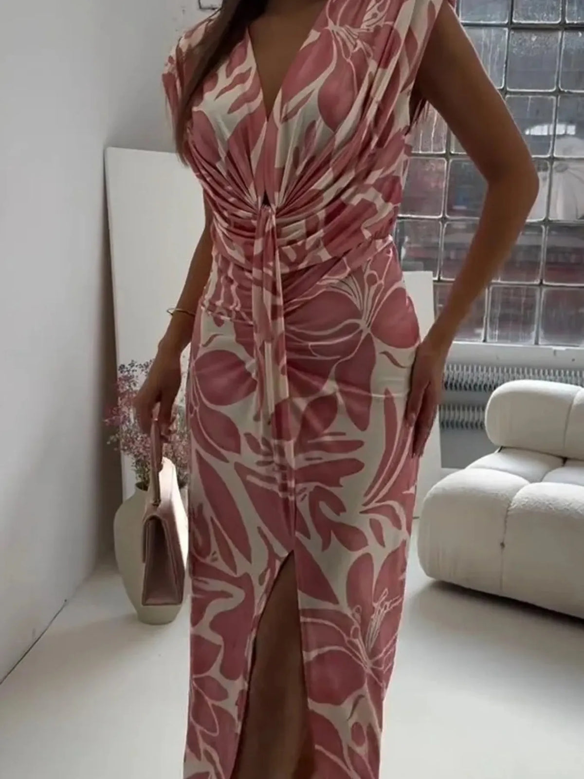 Slit Printed V-Neck Midi Dress