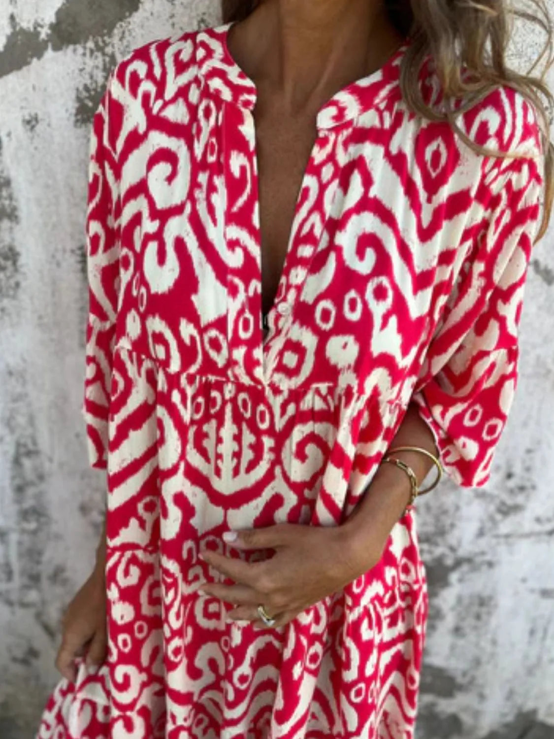 Notched Half Sleeve Printed Plus Size Dress
