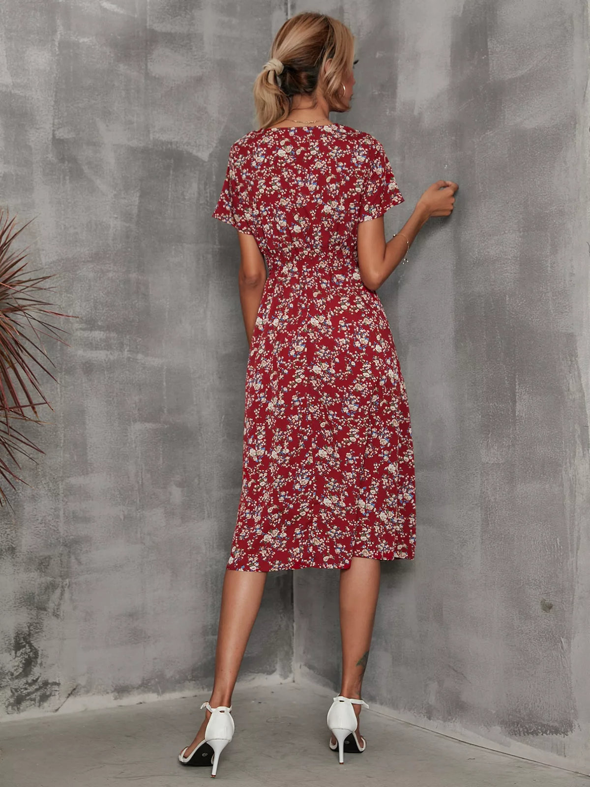 Smocked Printed Short-Sleeve Midi Dress