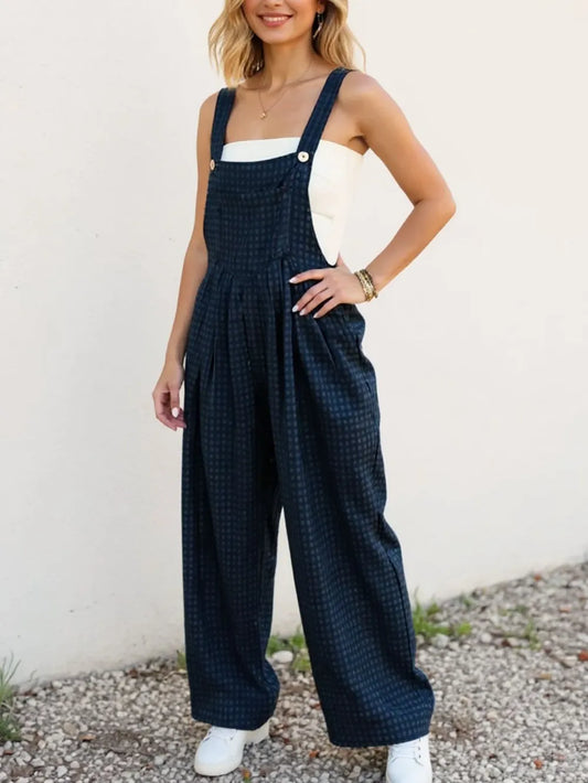 Plaid Wide Leg Overalls in Peacock Blue in Peacock  Blue