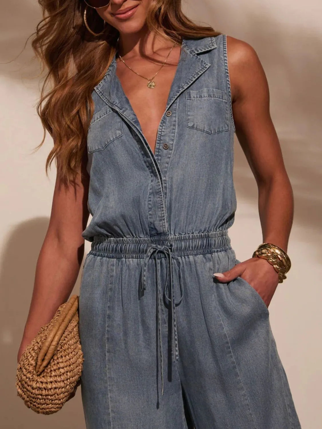 Sleeveless Drawstring-Waist Denim Jumpsuit in Medium Wash