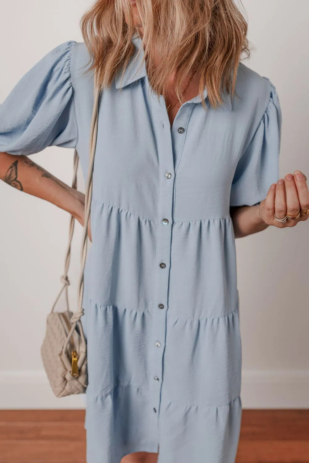 Button-Up Tiered Shirt Dress in Light Blue