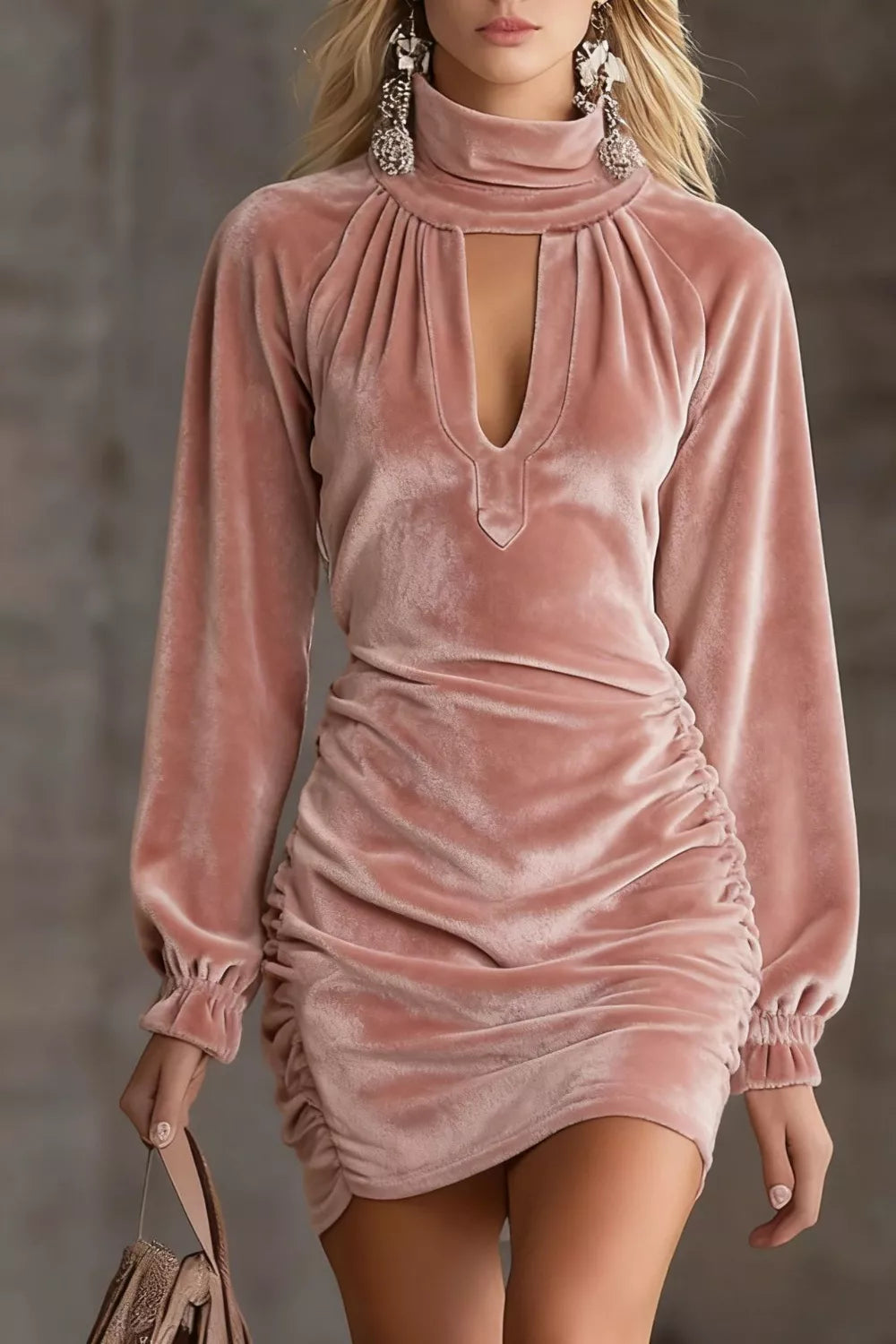Velvet Ruched Mini Dress with Cutout in Dusty Pink