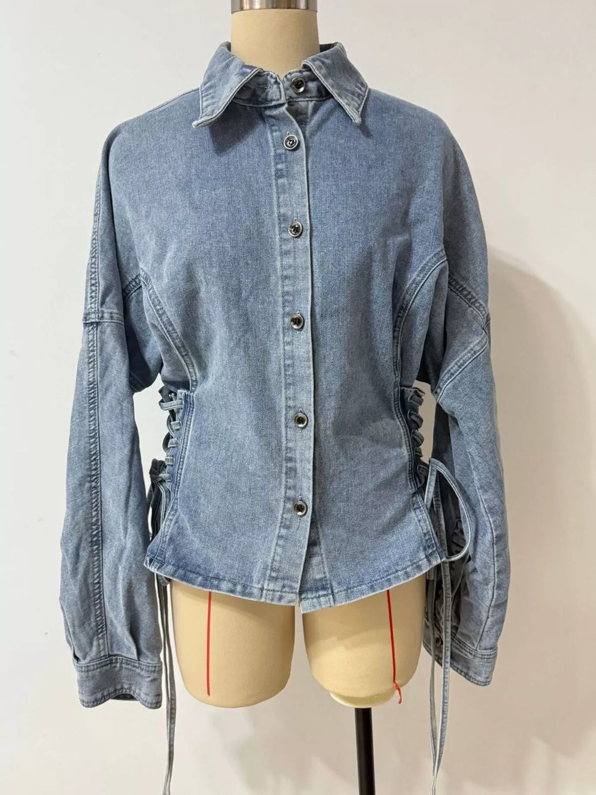 Lace-Up Side Denim Jacket in Light Blue
