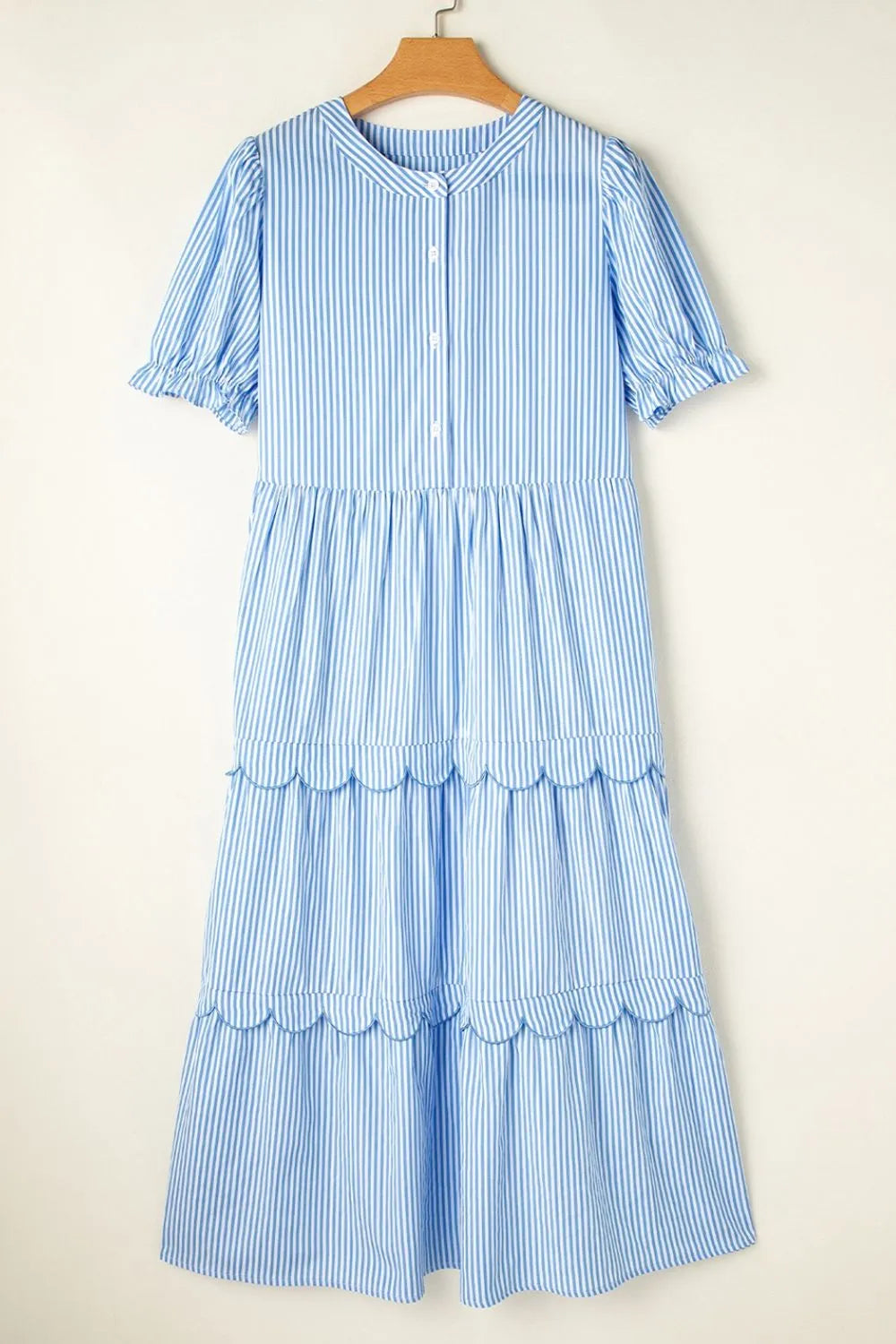 Striped Scallop Tiered Midi Dress in Light Blue