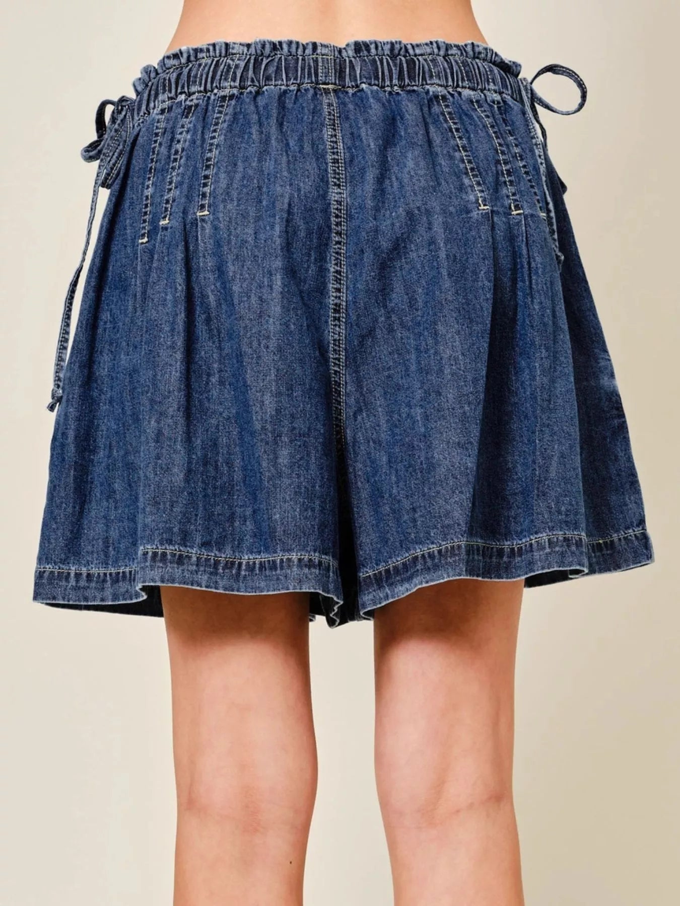 Pleated Elastic-Waist Denim Shorts
