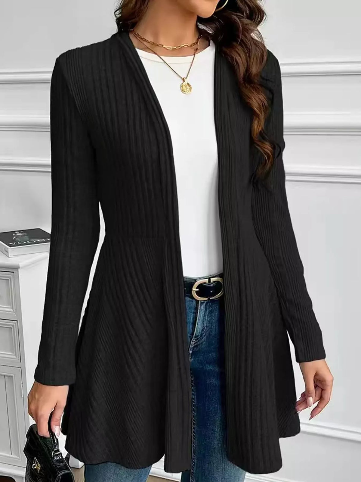 Ribbed Knit Open-Front Cardigan