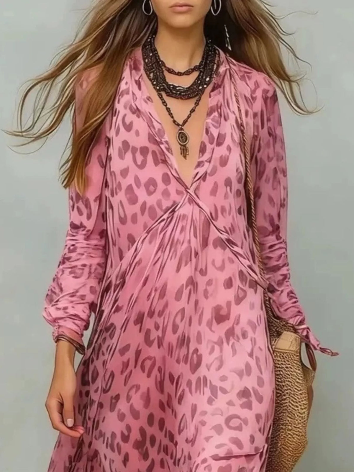 Leopard Print V-Neck Maxi Dress by Kaelinne