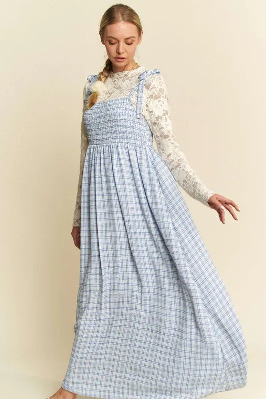 Plaid Smocked Maxi Dress in Blue