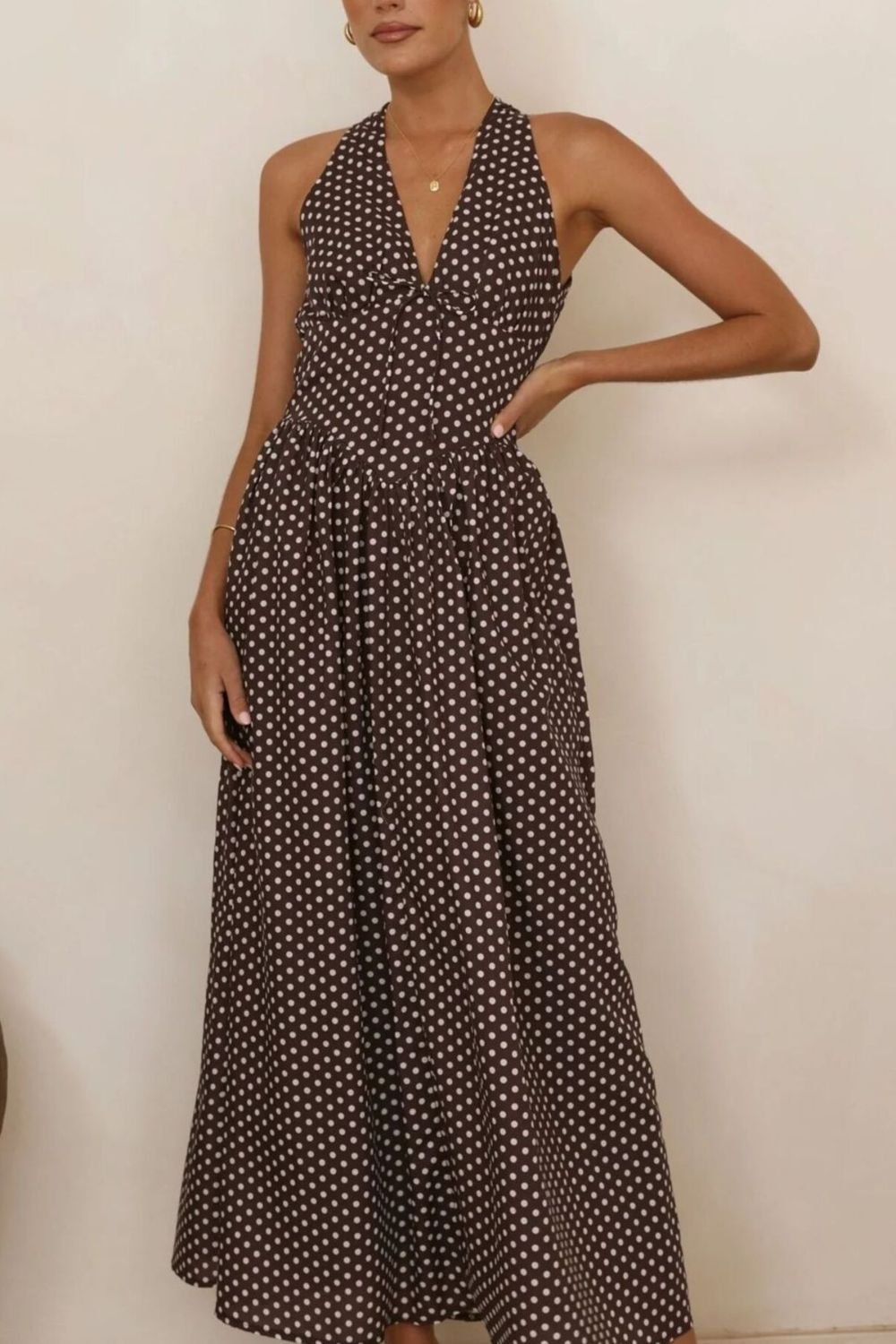 Backless Polka Dot Halter Maxi Dress