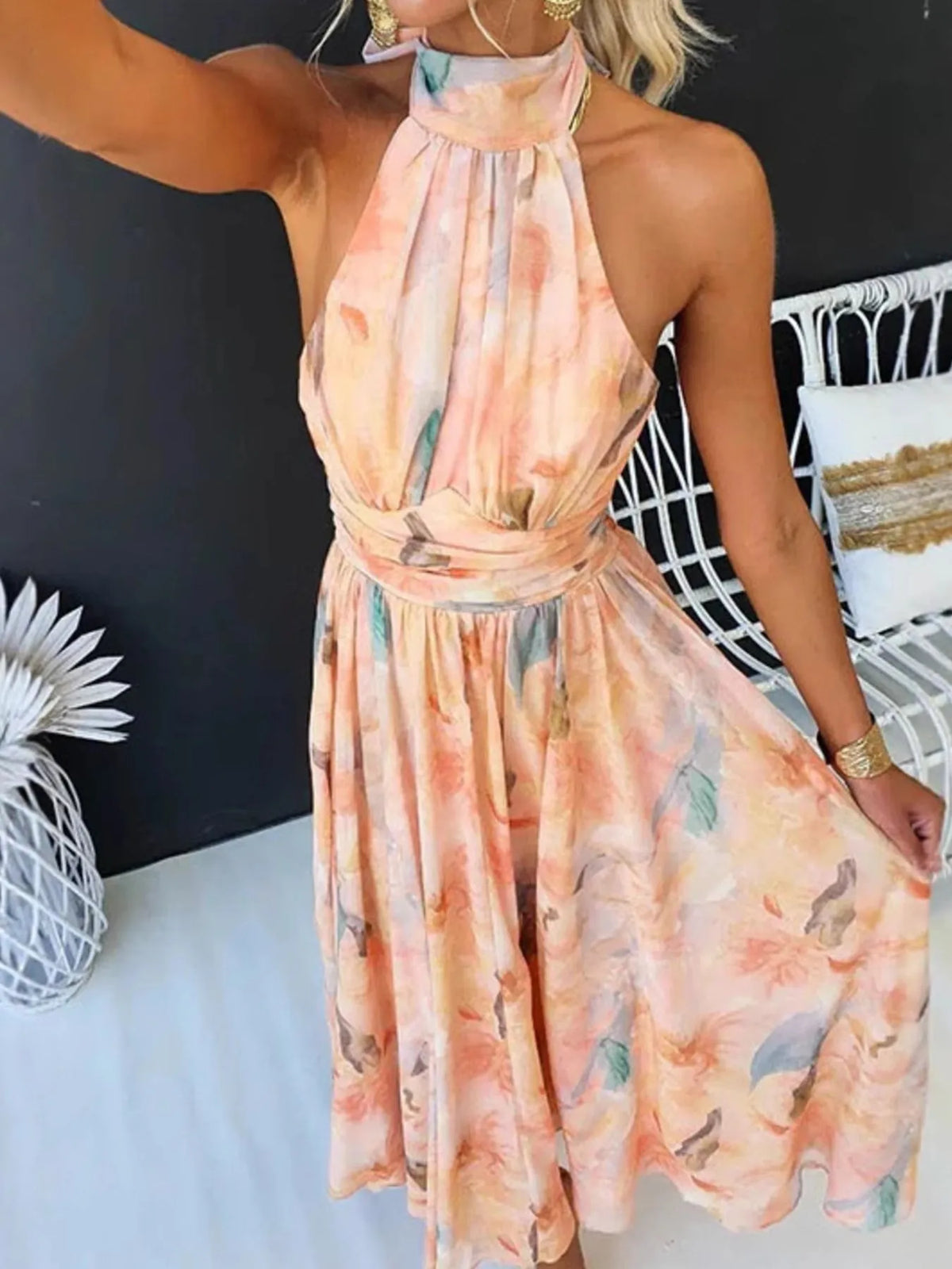 Floral Halter Neck Backless Summer Dress