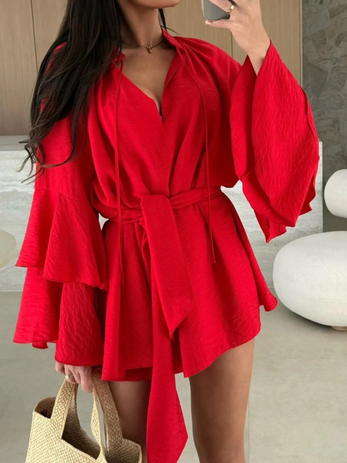 Bell Sleeve Tie-Waist Mini Shirt Dress