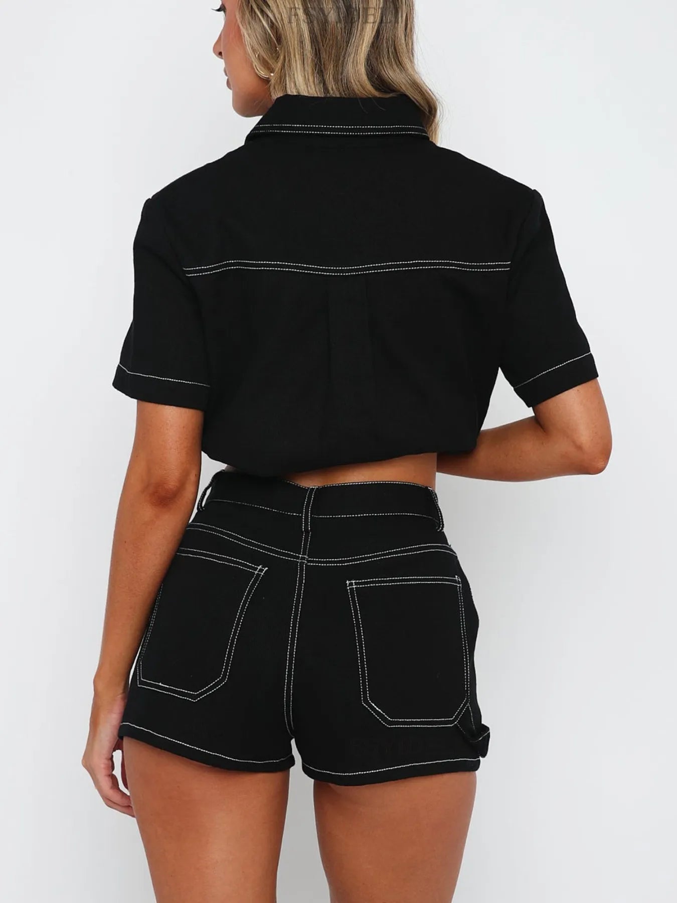 Button-Up Short-Sleeve Top and Shorts Denim Set