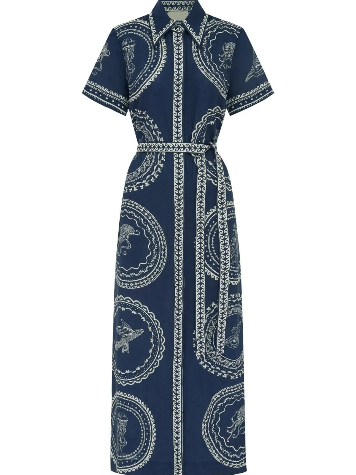Printed Button-Front Maxi Shirt Dress with Belt in Blue
