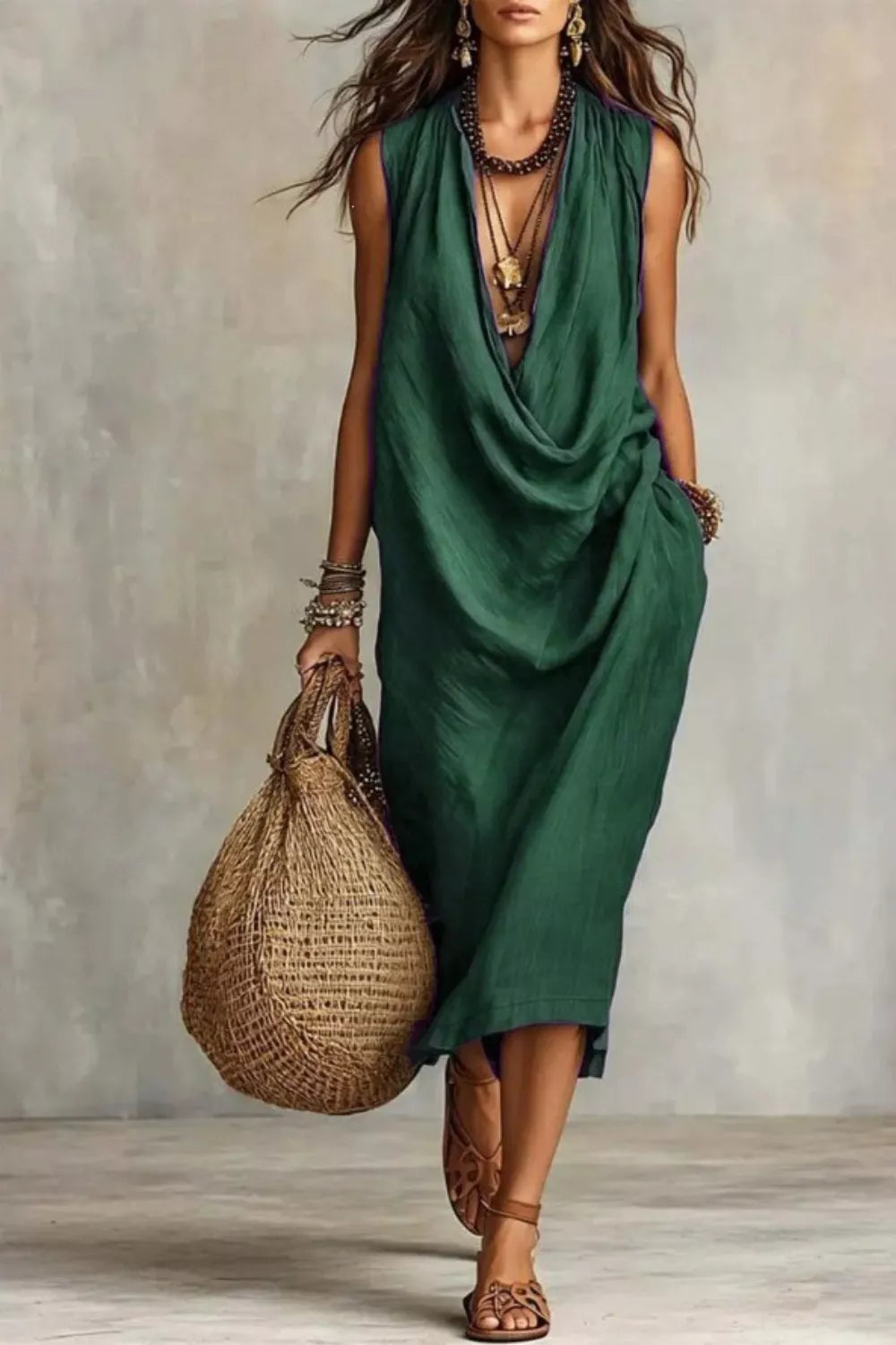 Sleeveless Drape-Neck Midi Dress with Pockets