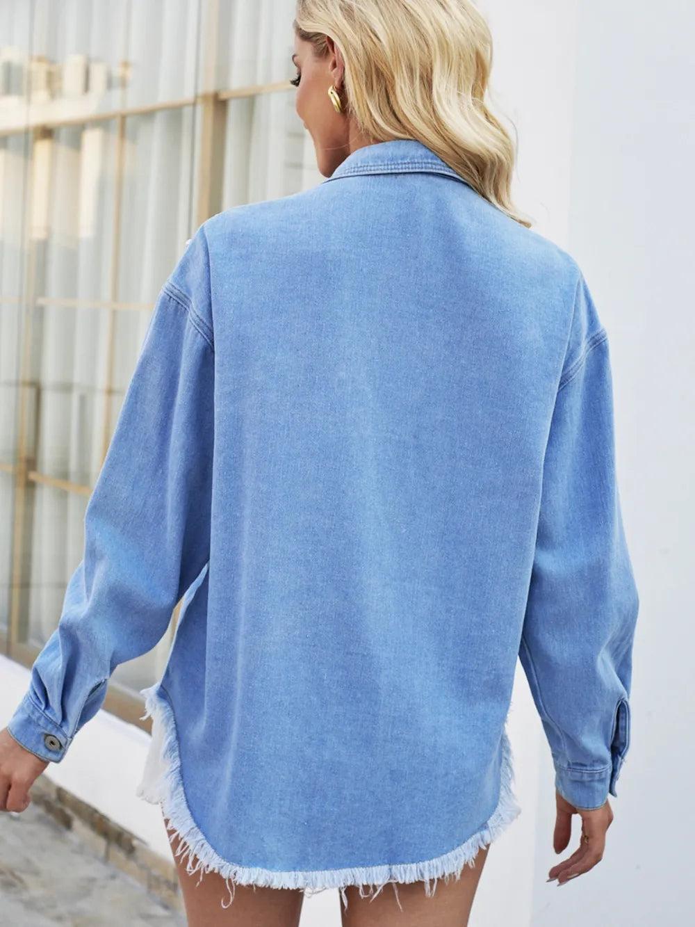 Pearl Detail Denim Jacket in Blue by Manny