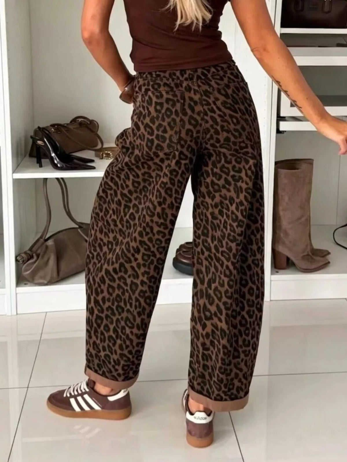 Leopard Print Wide Leg Jeans in Brown