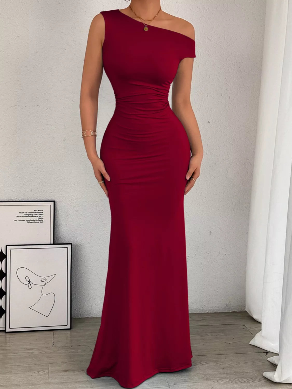 One-Shoulder Ruched Bodycon Maxi Dress