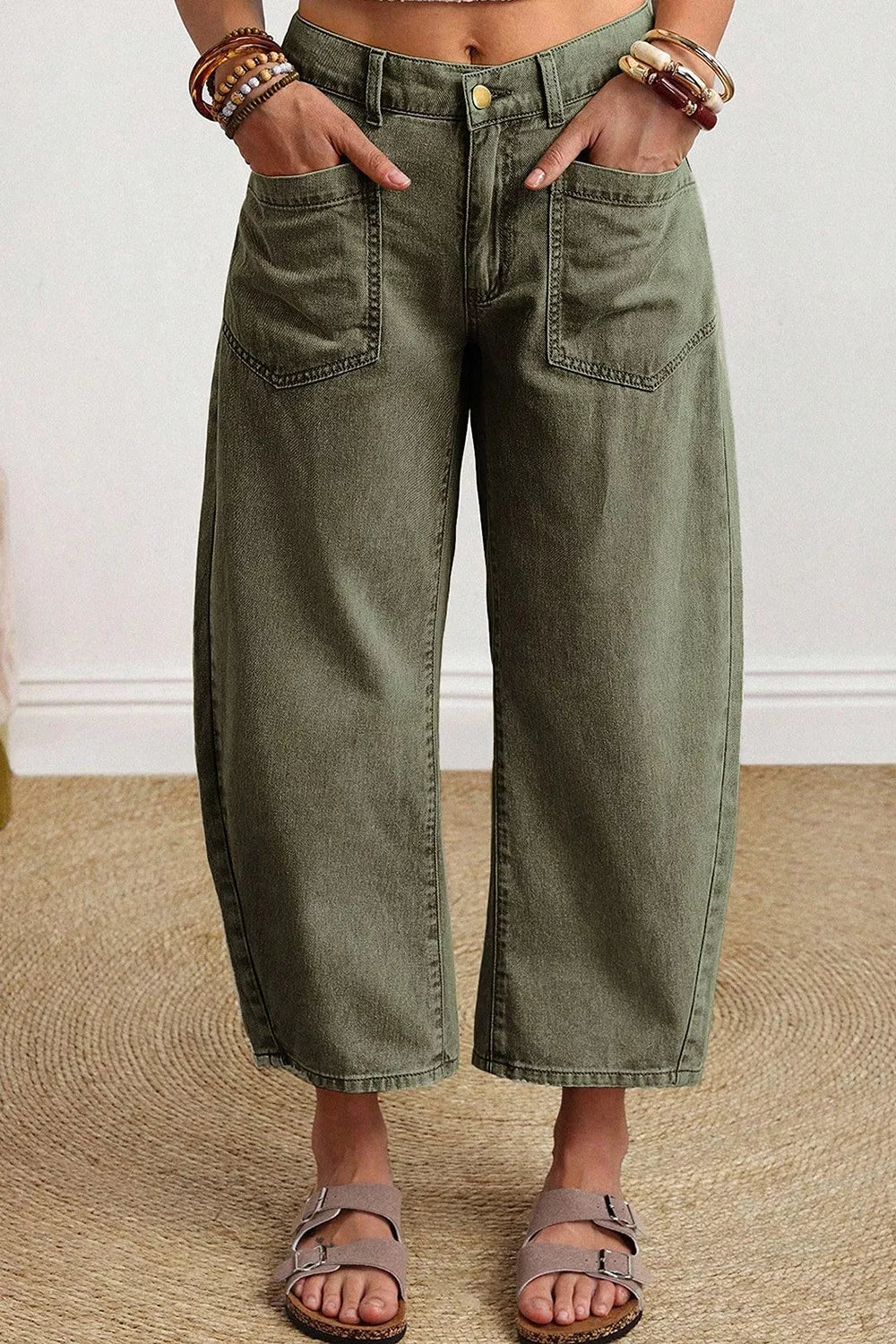 Square Patch Pocket Barrel Jeans in Army Green