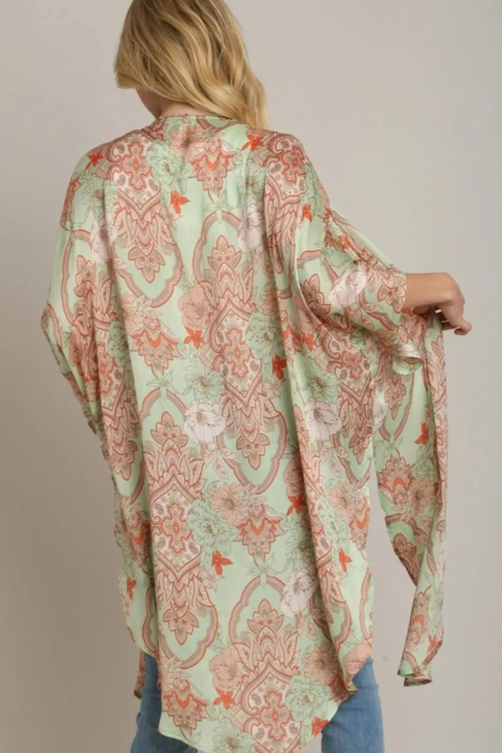 Umgee Open Front Kimono in Pistachio Mix