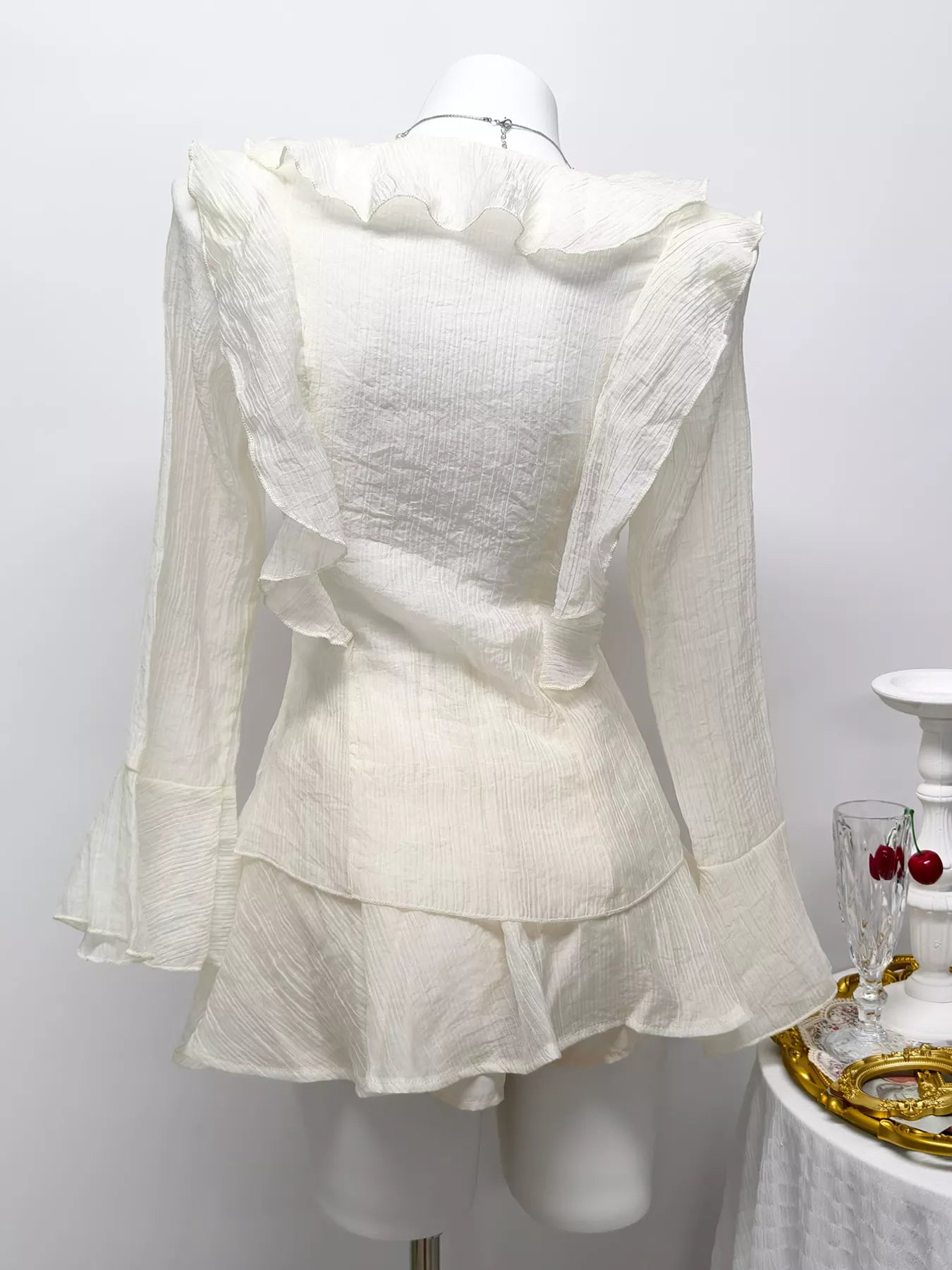 Ruffle Trimmed Blouse and Skirt Set in Apricot