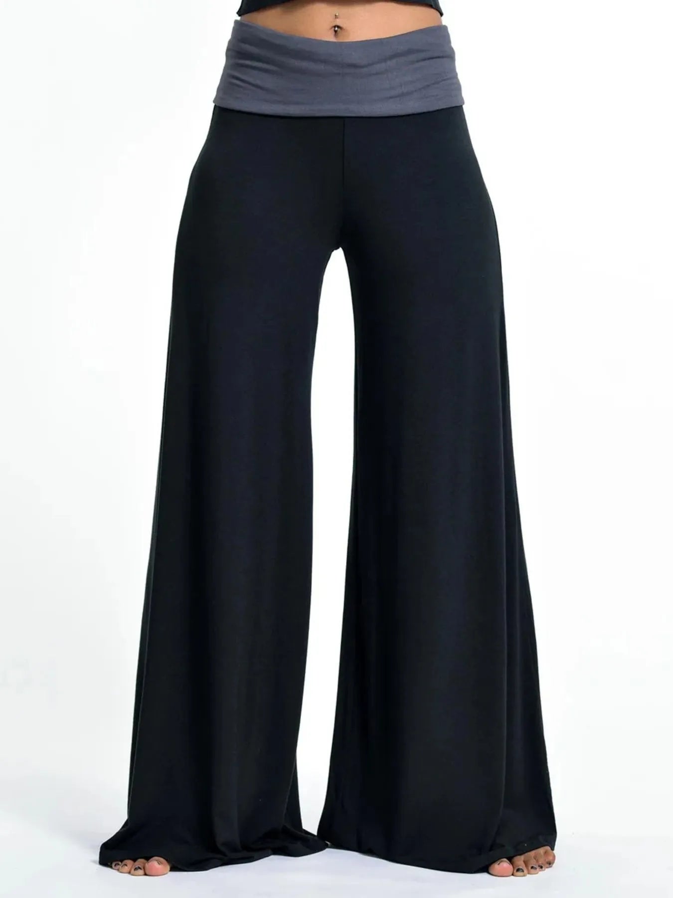 High-Waisted Wide Leg Yoga Pants with Contrast Waistband by Mystique Q