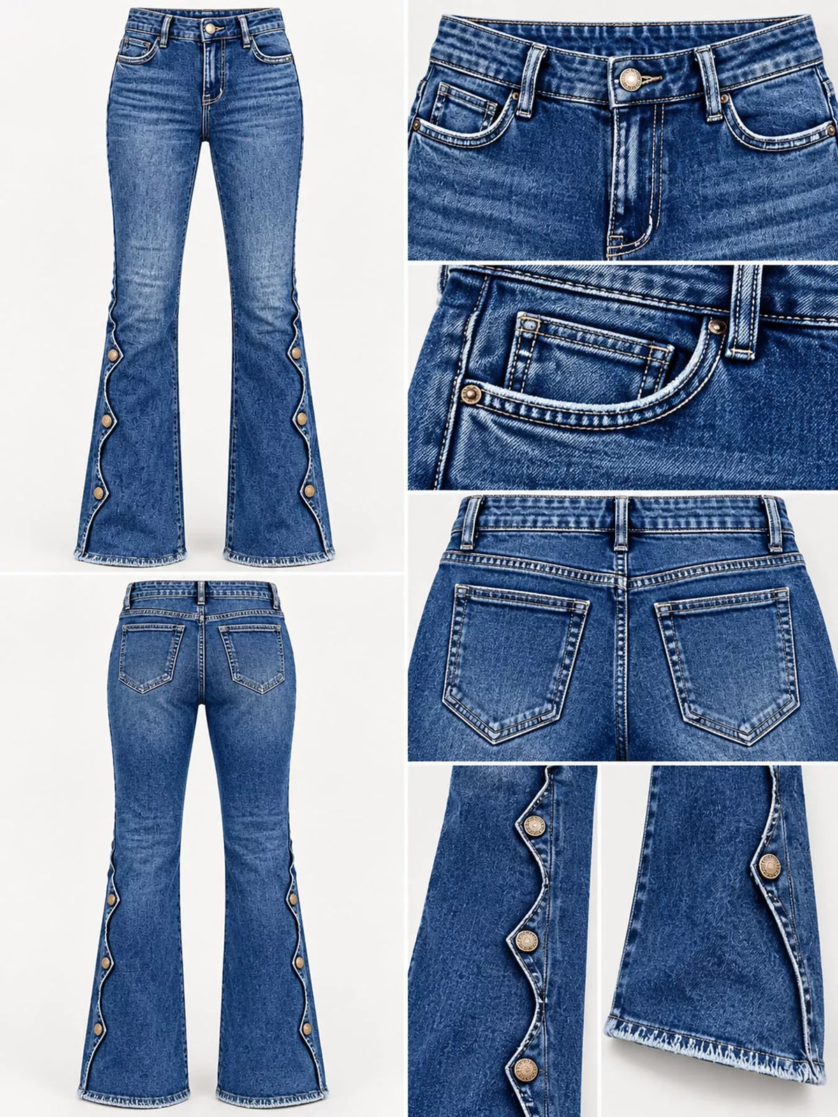 High-Waisted Button-Side Flare Jeans in Dark Blue