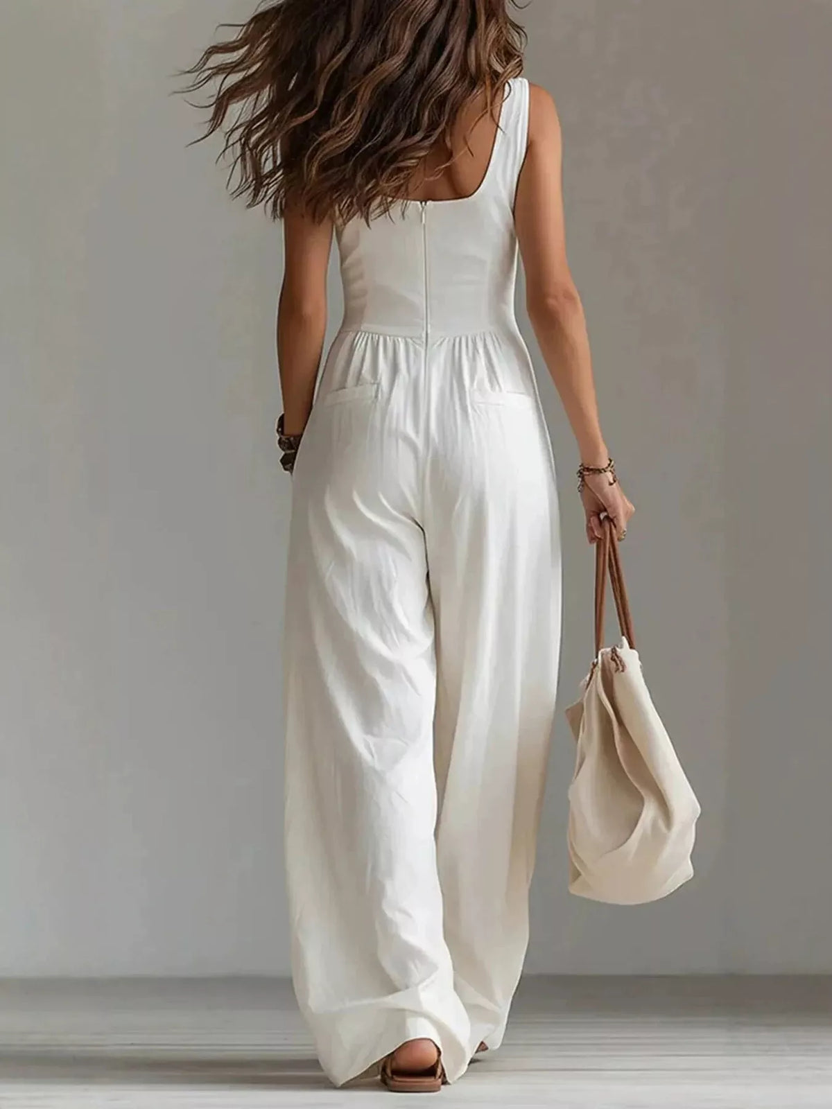 Sleeveless Button-Front Jumpsuit in White