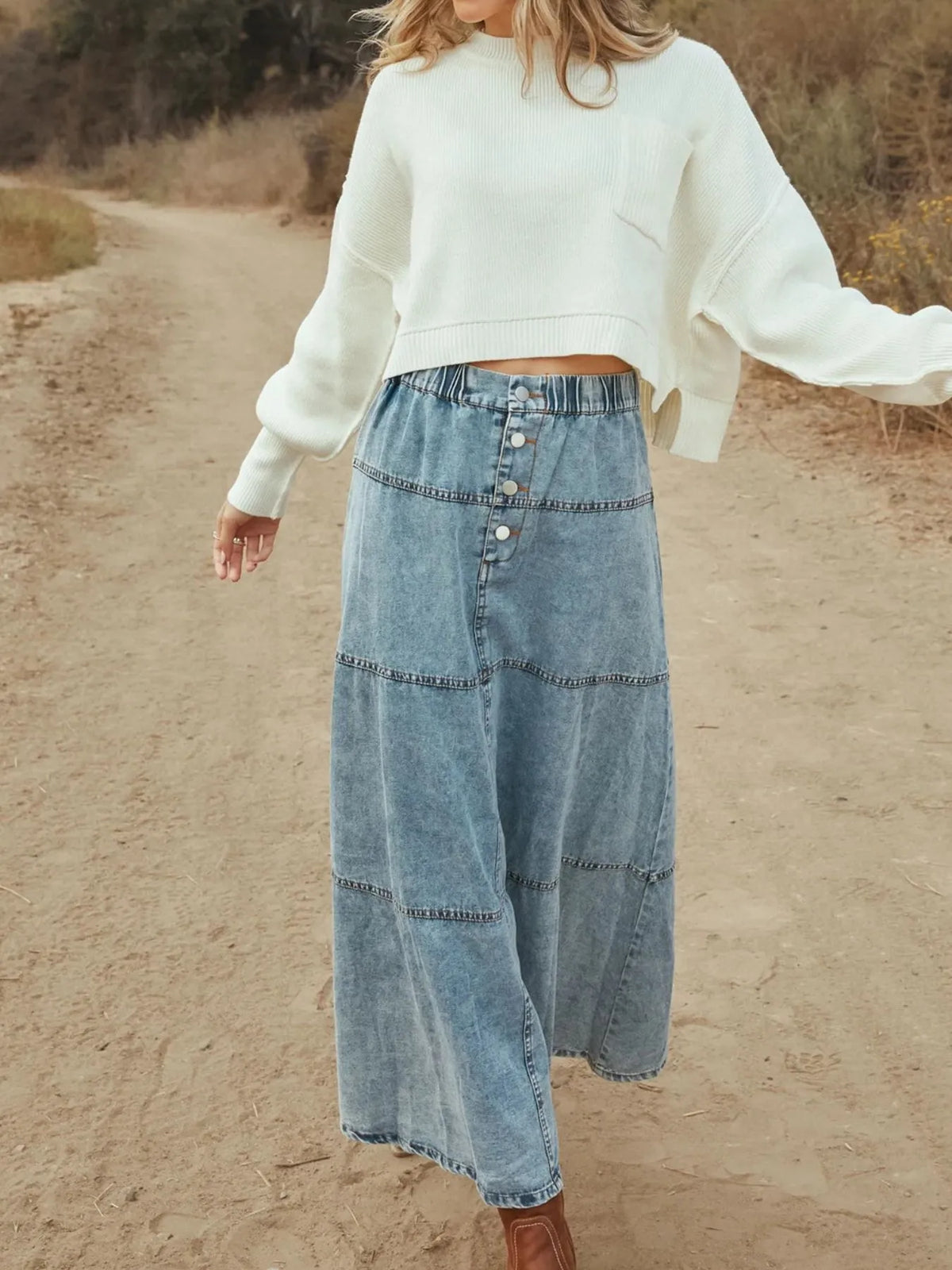 Button-Front Tiered Maxi Denim Skirt in Snow in Snow Color