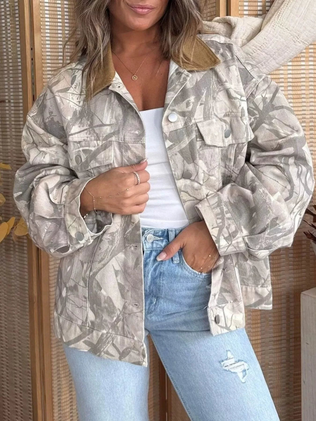 Gray Printed Button Up Denim Jacket