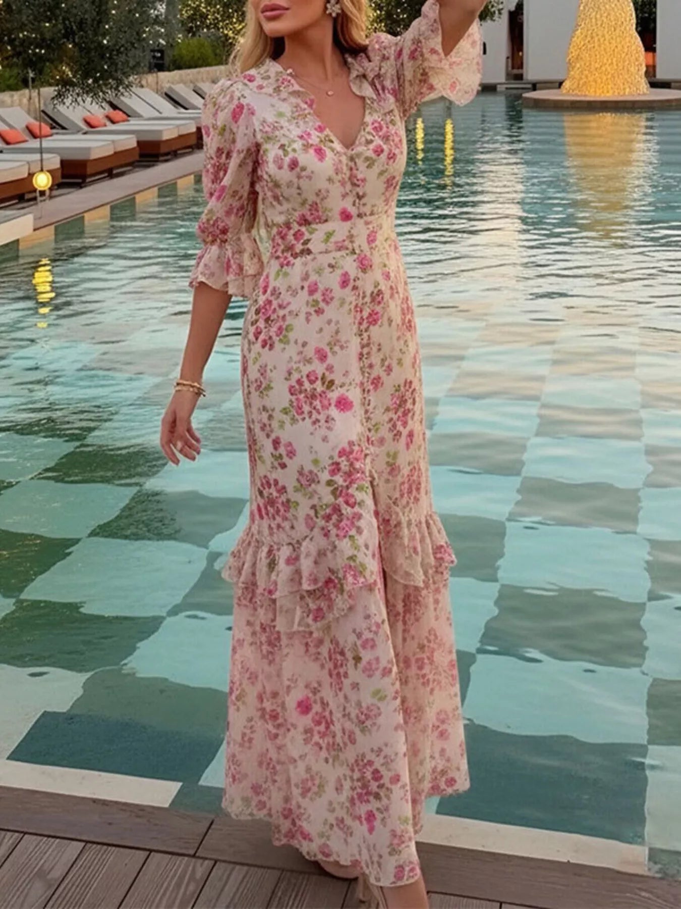 Ruffled Button-Front Half Sleeve Dress