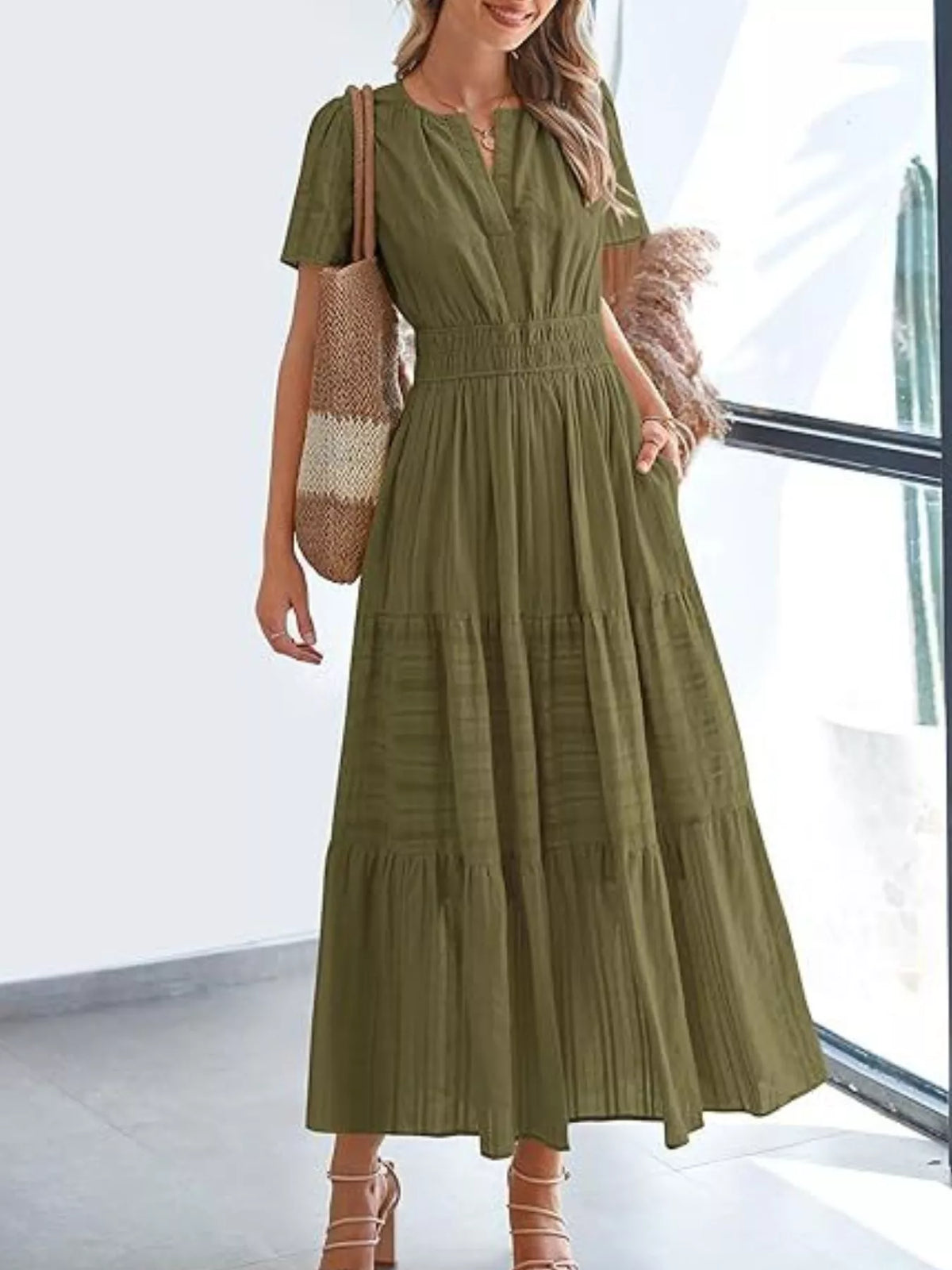 Short Sleeve Tiered Midi Dress with Pockets