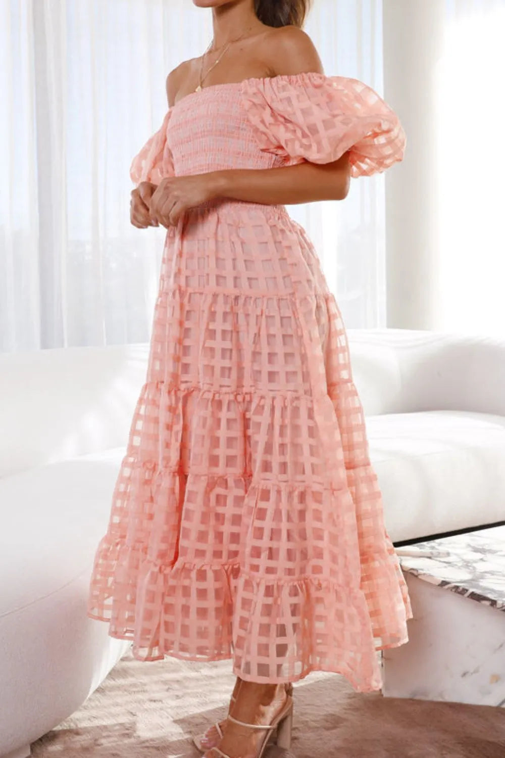 Off Shoulder Puff Sleeve Midi Dress