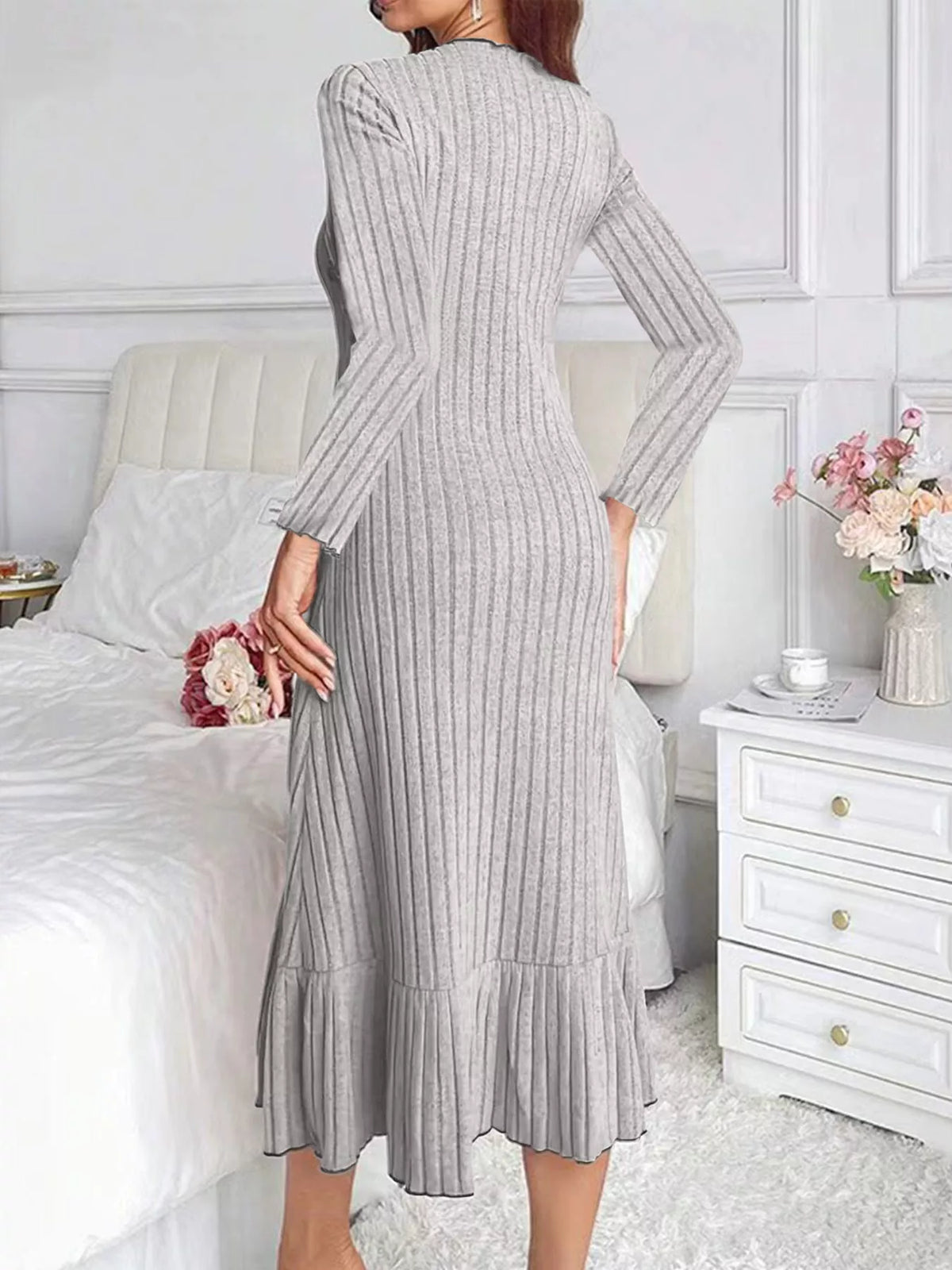 Ribbed Knit Bodycon Dress with Ruffle Hem