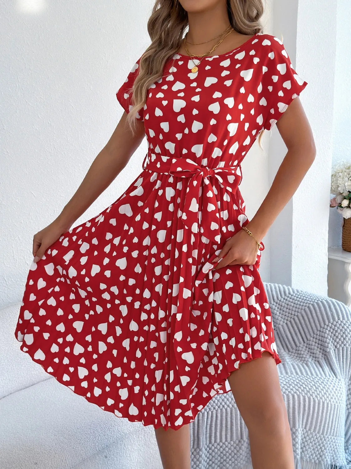 Heart Print Tie Waist Dress